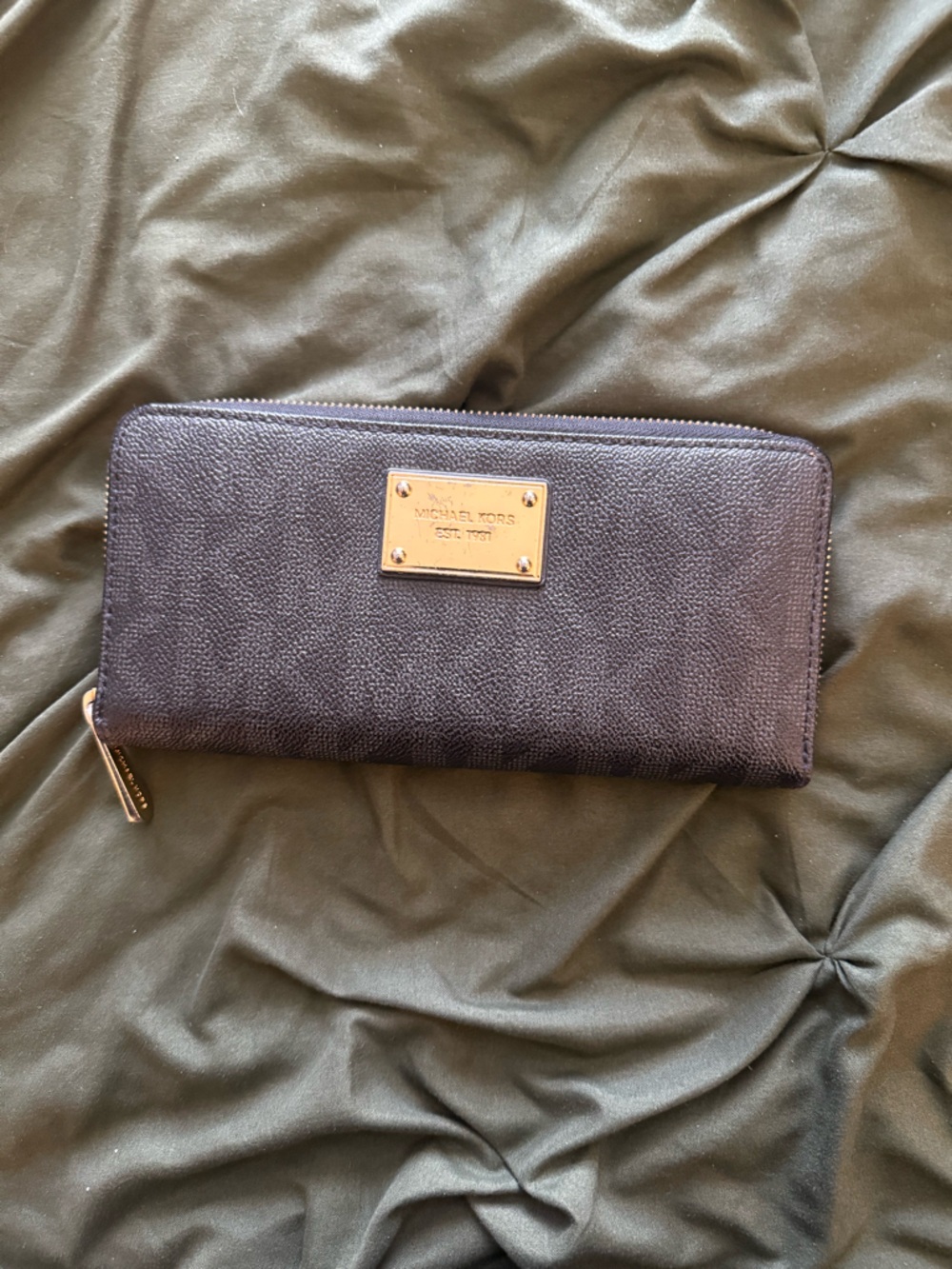 Michael Kors Black Leather Zip Wallet with Gold Plate
